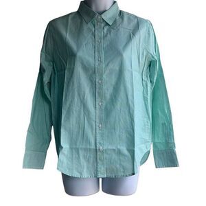 Everlane Womens 00 Silky Cotton Relaxed Shirt Green White Stripe Long Sleeve NEW